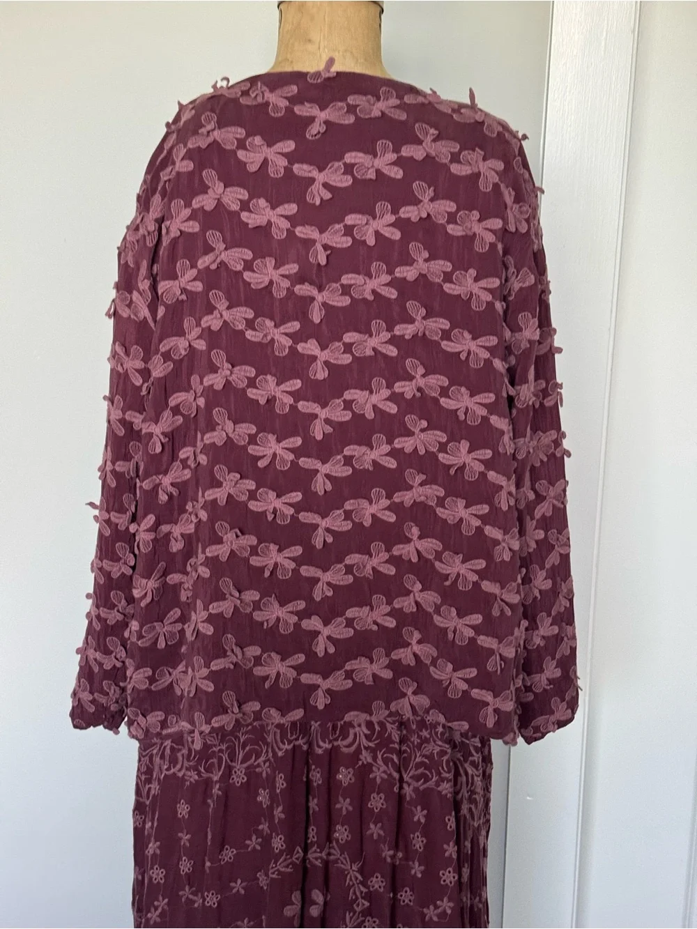 Johnny Was Burgundy Plissé Mesh Embroidered Maxi Dress & Matching Jacket Set S/L
